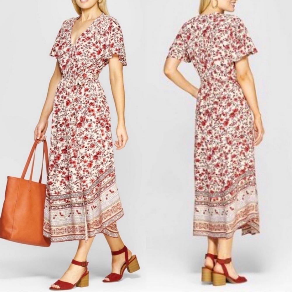 Boho Floral Midi Dress - V-Neck Short Sleeve Tie Waist